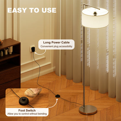 Floor Lamp, Modern Standing Lamp with Linen Lampshade, Silver Tone