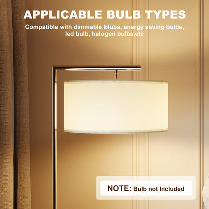 Floor Lamp, Modern Standing Lamp with Linen Lampshade, Silver Tone