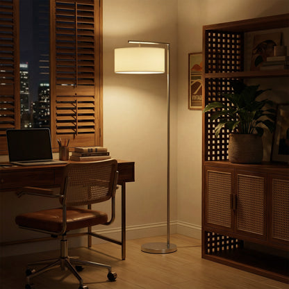 Floor Lamp, Modern Standing Lamp with Linen Lampshade, Silver Tone