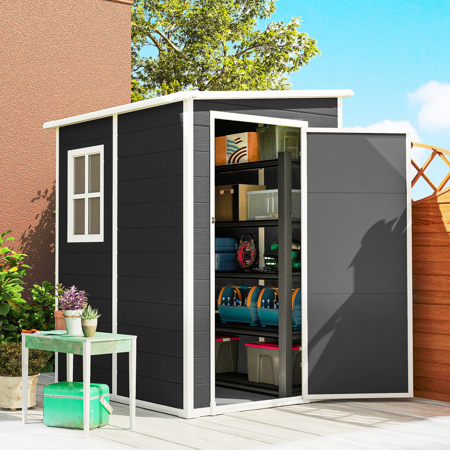 Lean to Garden Shed, Plastic Tool Storage House w/ Lockable Door