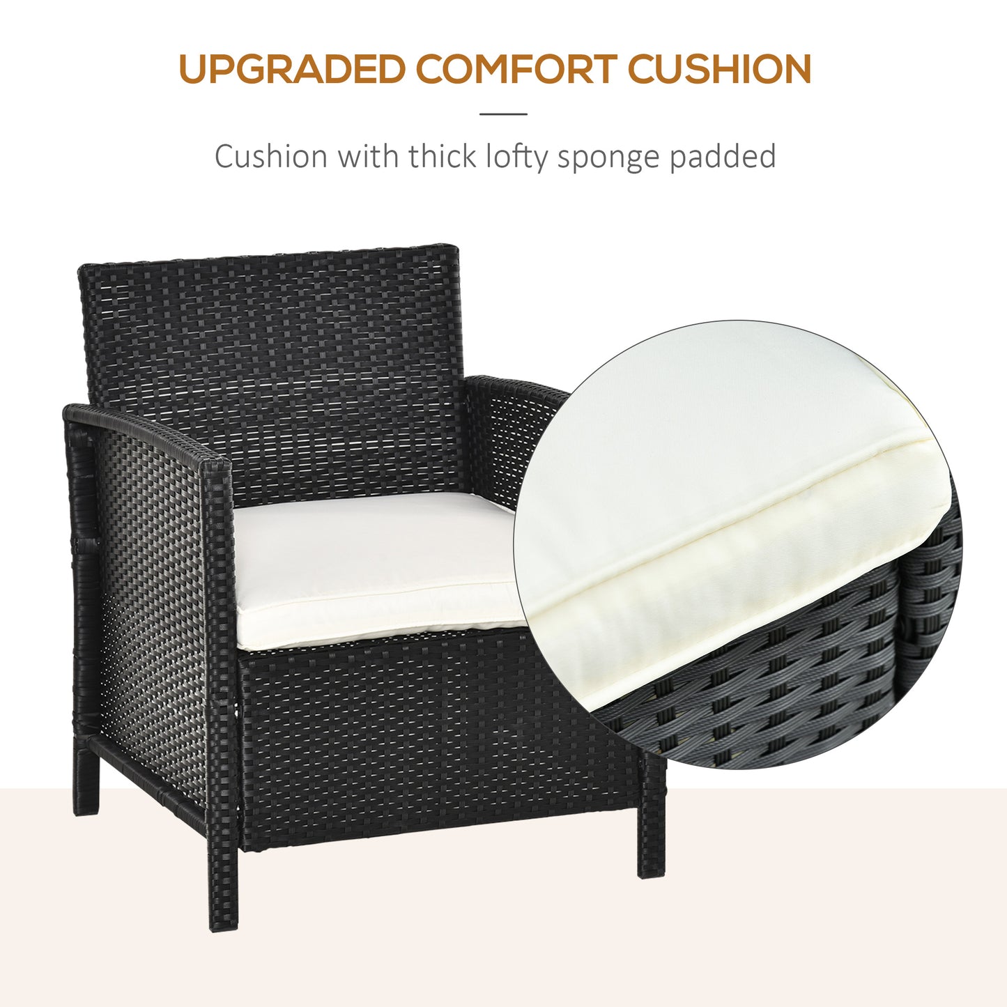 Rattan Garden Furniture Outdoor 3 Pieces Patio Bistro Set Jack and Jill Seat Wicker Weave Conservatory Sofa Chair Table Set w/Cushion Black