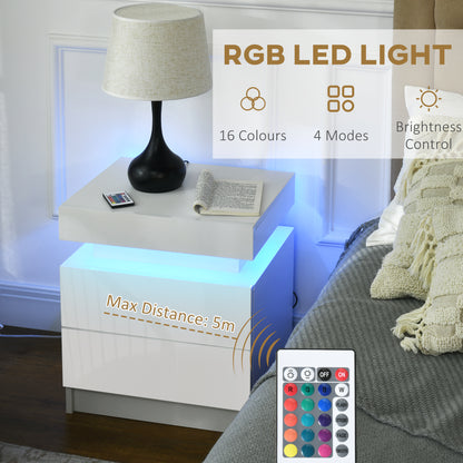 White Bedside Cabinets with LED Light, High Gloss Front Nightstand with 2 Drawers, for Living Room, Bedroom