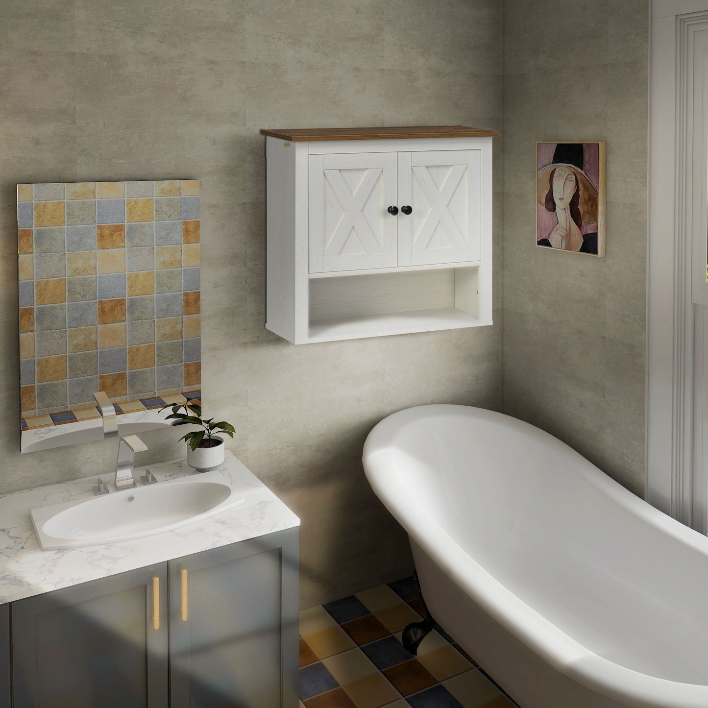 Farmhouse Bathroom Wall Cabinet with Shelves, Ash Wood-Effect