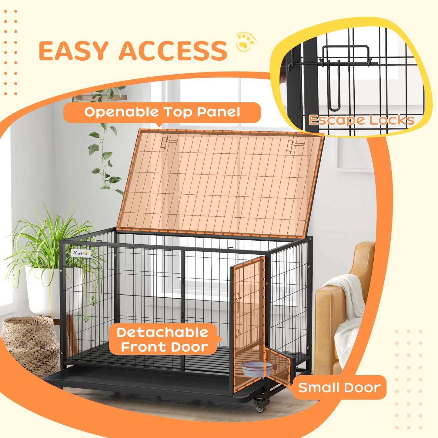 48" Heavy Duty Dog Crate on Wheels w/ Bowl Holder, Removable Tray