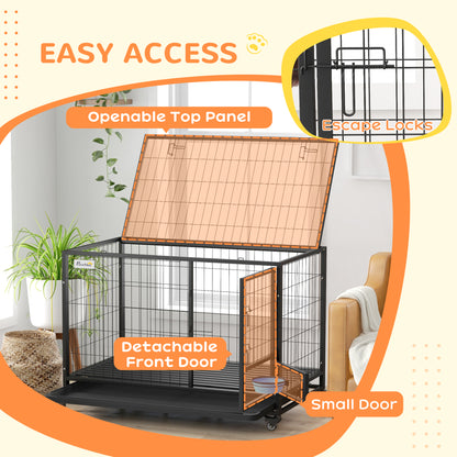 48" Heavy Duty Dog Crate on Wheels w/ Bowl Holder, Removable Tray