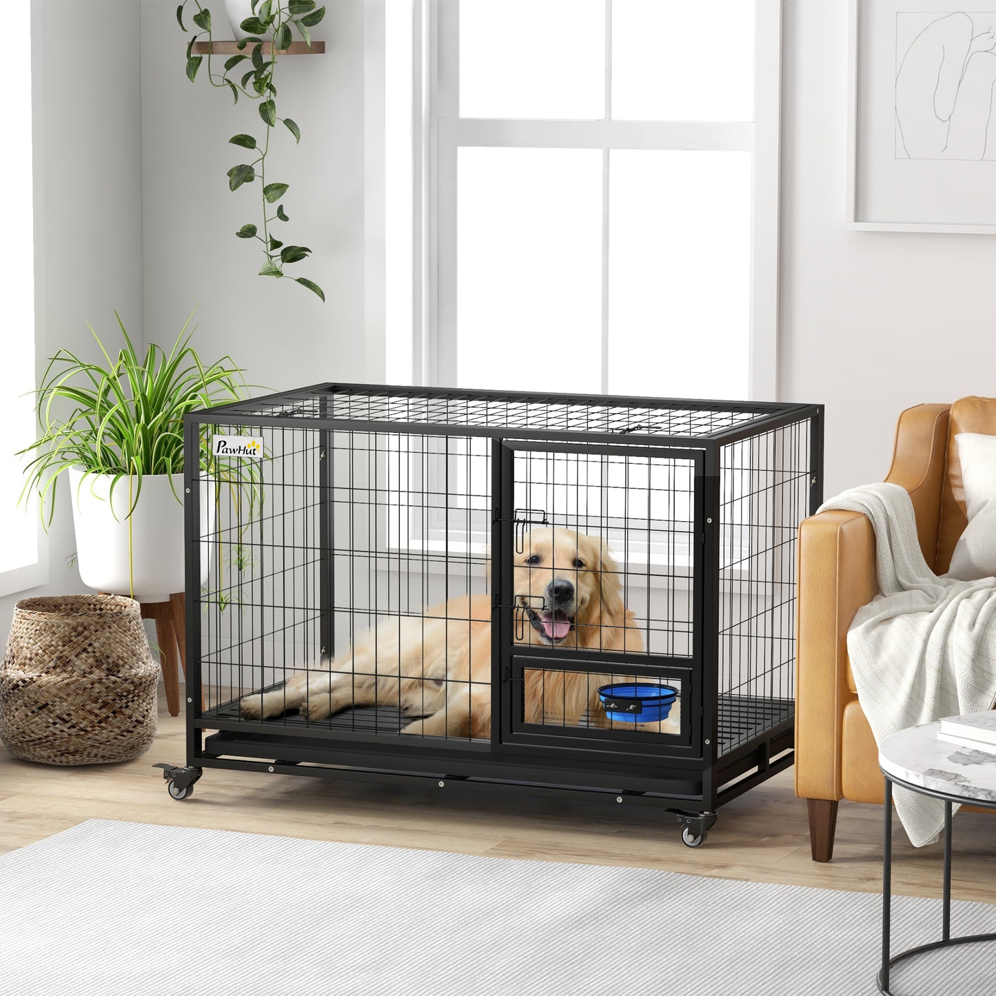 48" Heavy Duty Dog Crate on Wheels w/ Bowl Holder, Removable Tray