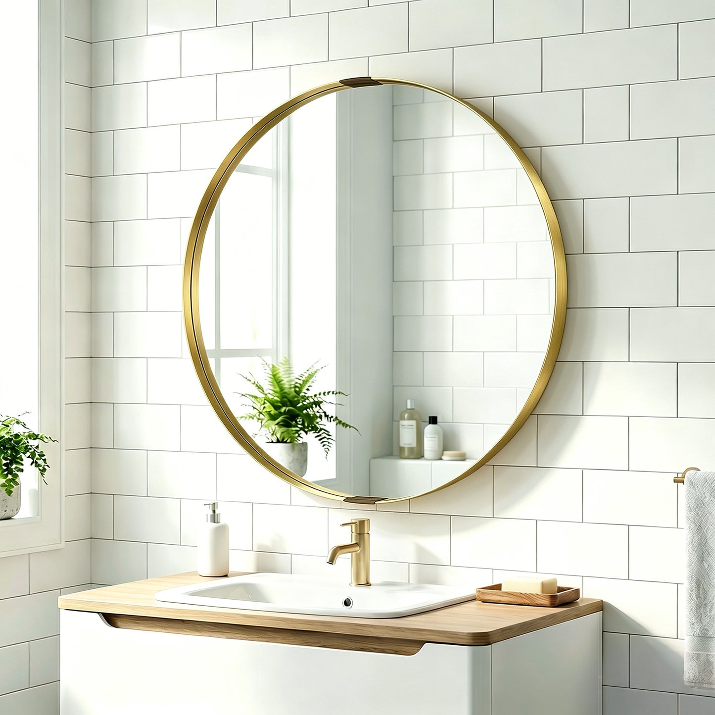 Round Wall Mirror 61 cm, Wall Mounted Bathroom Mirror with Tempered Safety Glass and Aluminium Alloy Frame for Living Room, Bedroom, Entryway, Home, Gold Tone