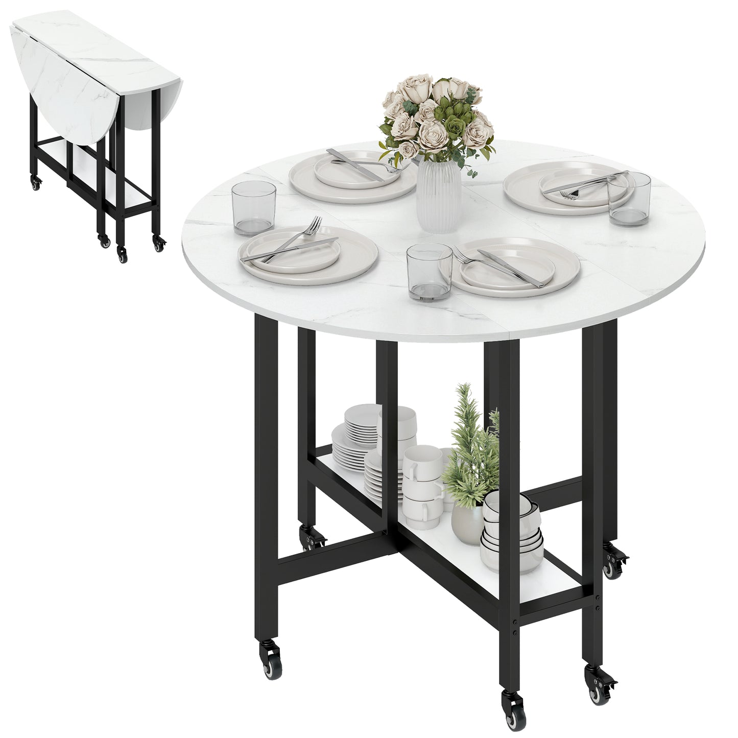Folding Dining Table, Drop Leaf Table with Open Shelf, White Marble
