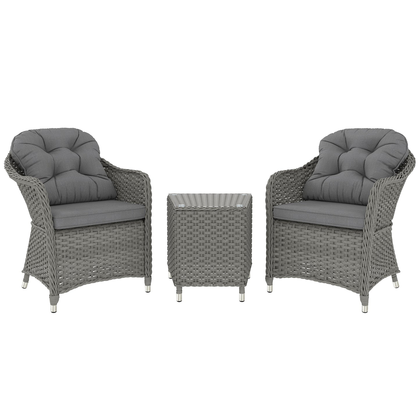 3 PCS Aluminium Rattan Bistro Set with Soft Cushions & Glass Top