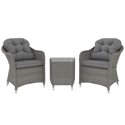 3 PCS Aluminium Rattan Bistro Set with Soft Cushions & Glass Top