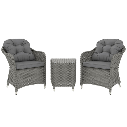 3 PCS Aluminium Rattan Bistro Set with Soft Cushions & Glass Top