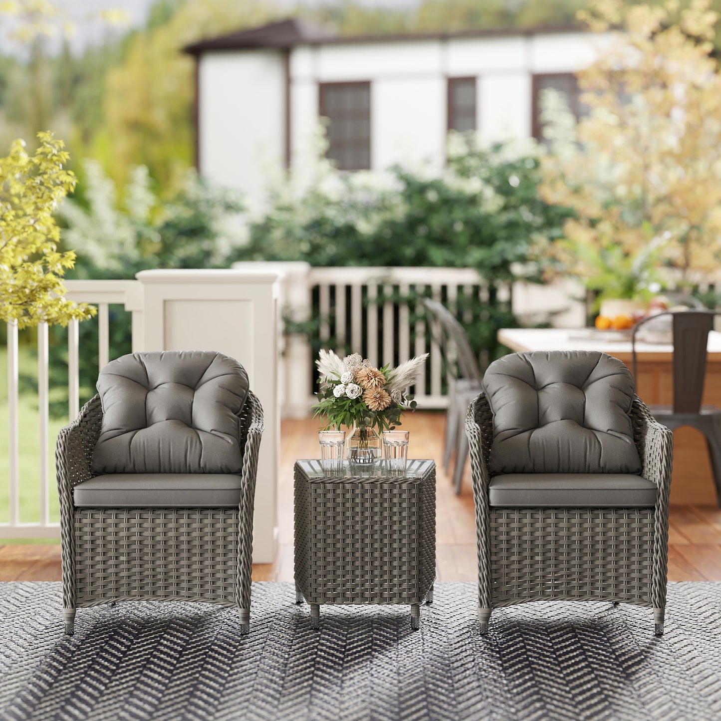 3 PCS Aluminium Rattan Bistro Set with Soft Cushions & Glass Top