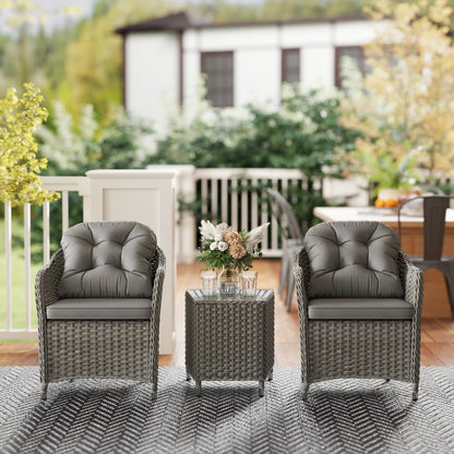 3 PCS Aluminium Rattan Bistro Set with Soft Cushions & Glass Top