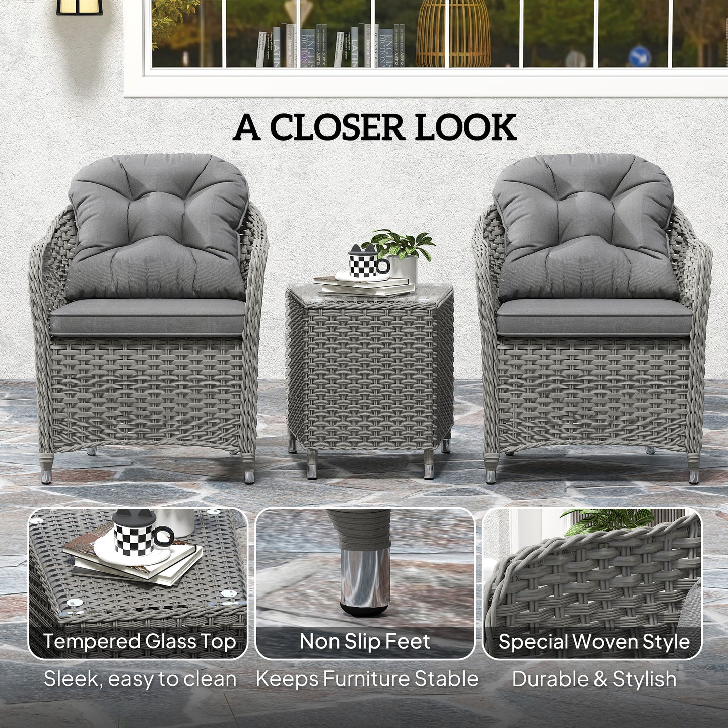 3 PCS Aluminium Rattan Bistro Set with Soft Cushions & Glass Top