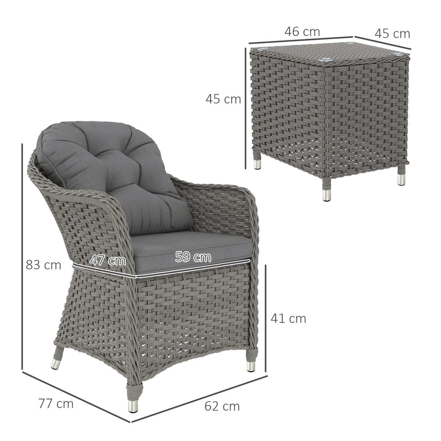 3 PCS Aluminium Rattan Bistro Set with Soft Cushions & Glass Top