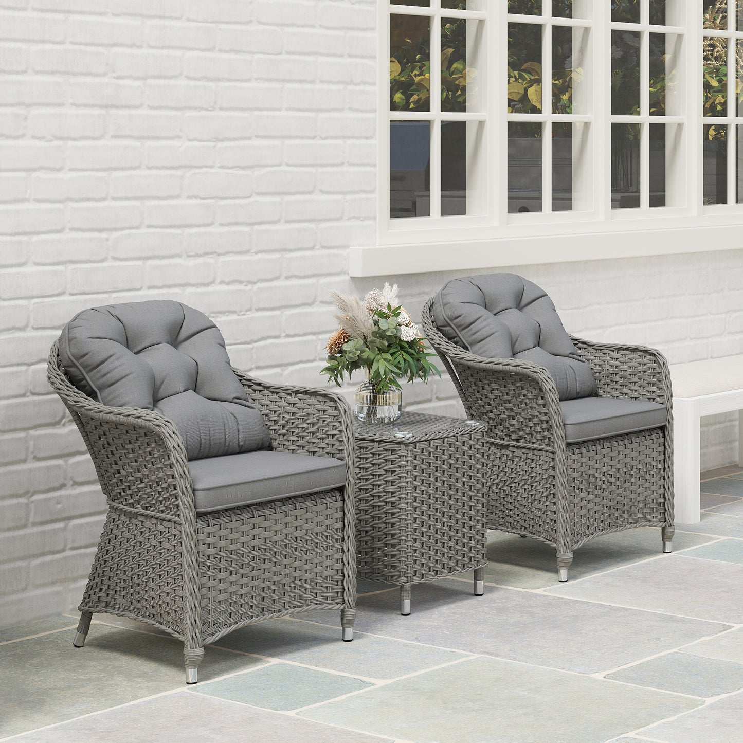3 PCS Aluminium Rattan Bistro Set with Soft Cushions & Glass Top