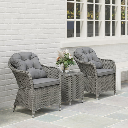 3 PCS Aluminium Rattan Bistro Set with Soft Cushions & Glass Top