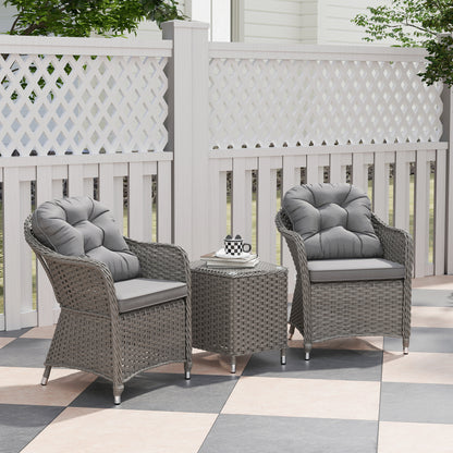 3 PCS Aluminium Rattan Bistro Set with Soft Cushions & Glass Top