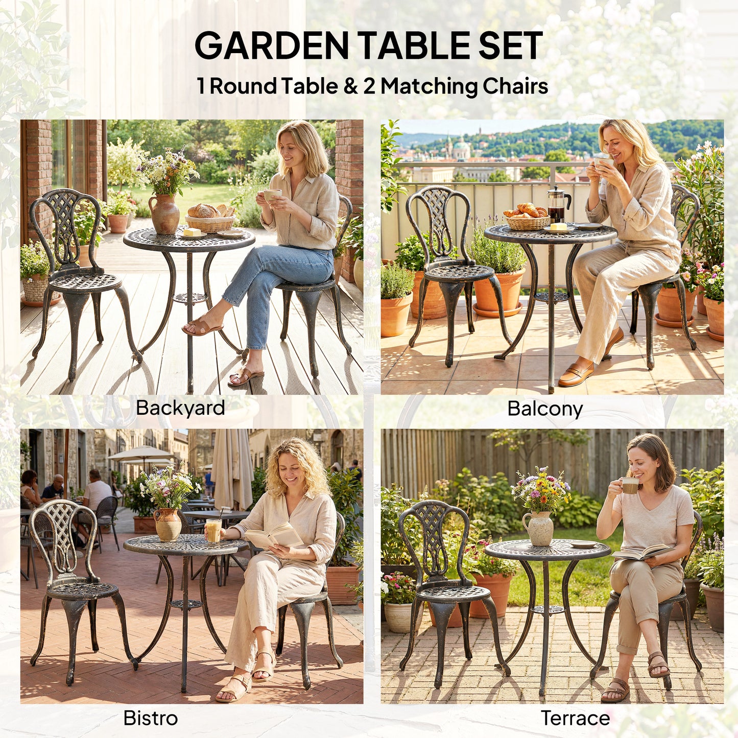 Outdoor Bistro Set Cast Aluminium Patio Furniture for 2, Brown