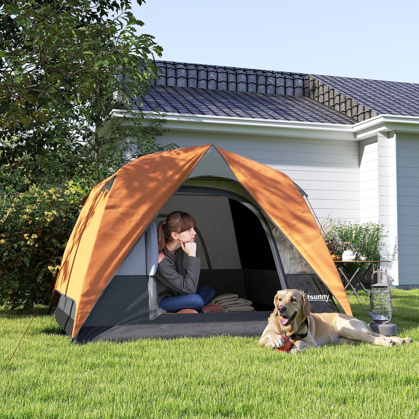 3-4 Person Camping Tent, Waterproof Tent, Orange and Grey