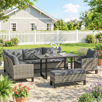 Rattan Garden Furniture Sofa Set, Outdoor Dining Set for 9, Grey