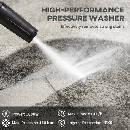Portable Power Washer 1800W, 150 Bar, 510 L/h for Garden, Yellow
