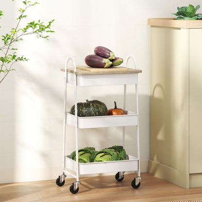 Rolling Utility Cart with Mesh Baskets for Kitchen White Oak