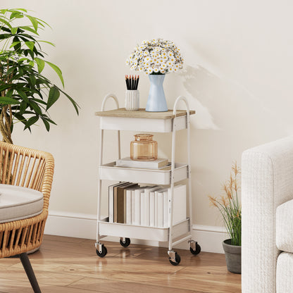 Rolling Utility Cart with Mesh Baskets for Kitchen White Oak