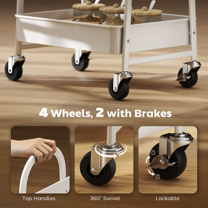 Rolling Utility Cart with Mesh Baskets for Kitchen White Oak