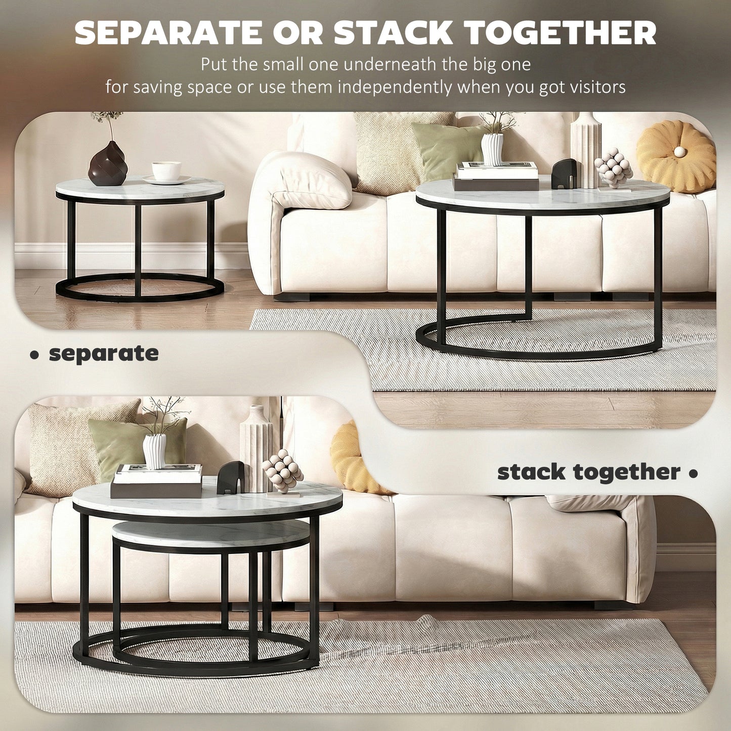 2 Pcs Stacking Coffee Table Set Steel Frame, Marble White