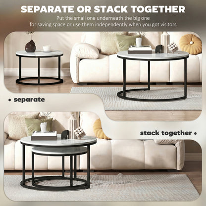 2 Pcs Stacking Coffee Table Set Steel Frame, Marble White