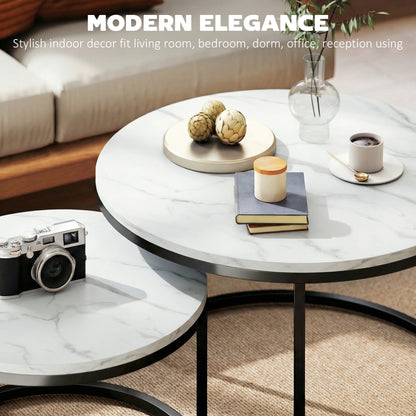 2 Pcs Stacking Coffee Table Set Steel Frame, Marble White