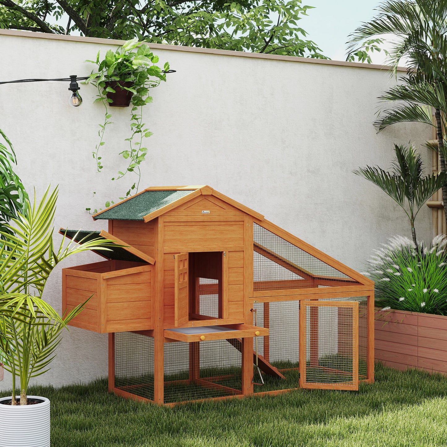 Wooden Chicken Coop with Run, Nesting Box, Slide-out Tray, Ramp