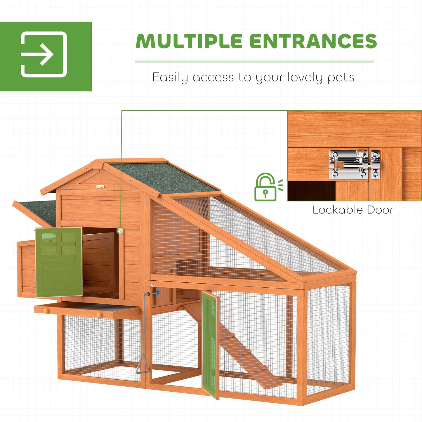 Wooden Chicken Coop with Run, Nesting Box, Slide-out Tray, Ramp