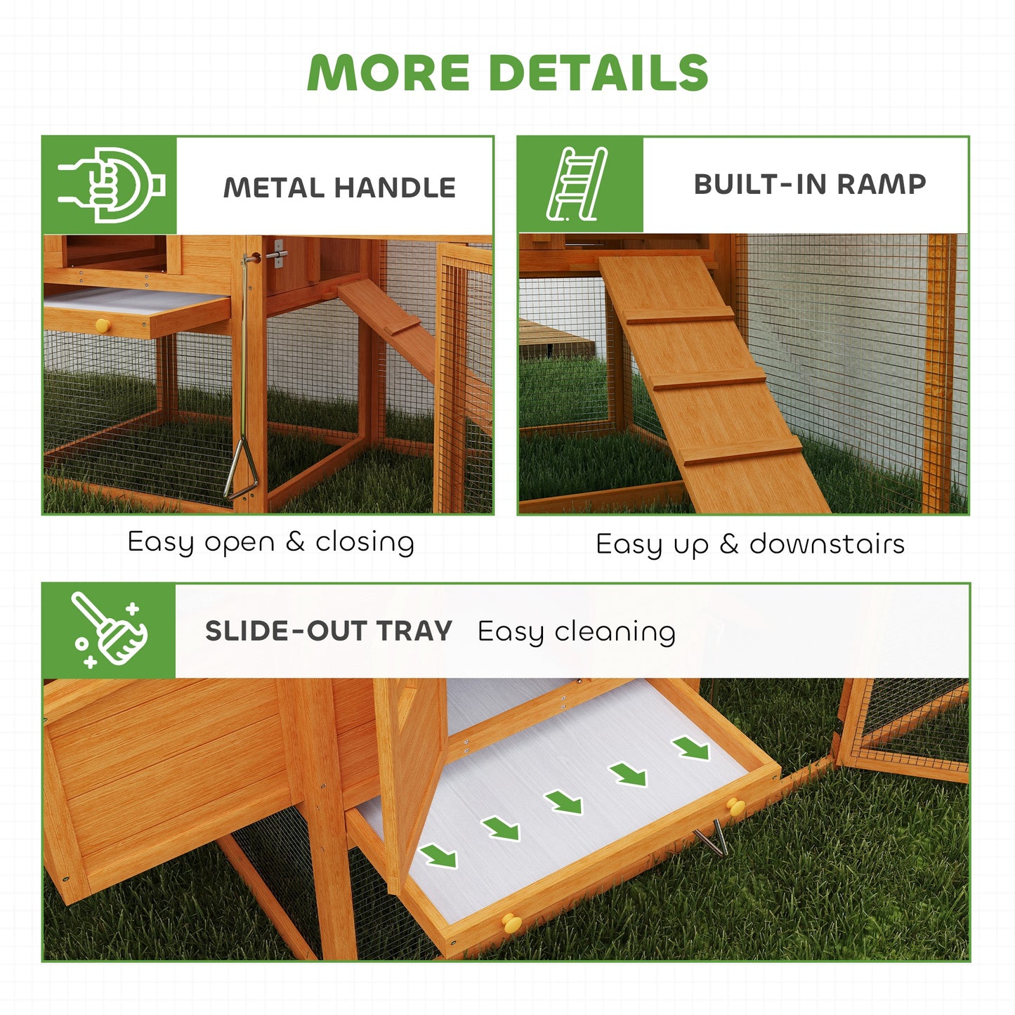Wooden Chicken Coop with Run, Nesting Box, Slide-out Tray, Ramp