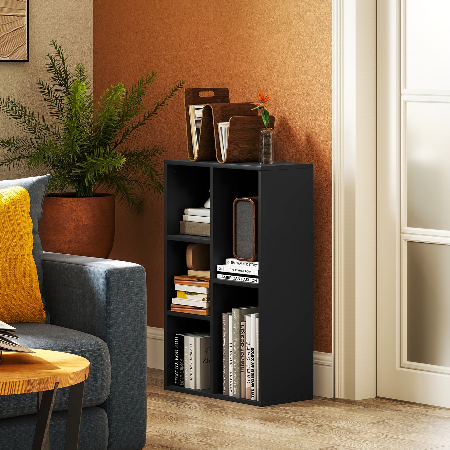 2-Tier Bookshelf with 5 Open Storage Compartments, Black