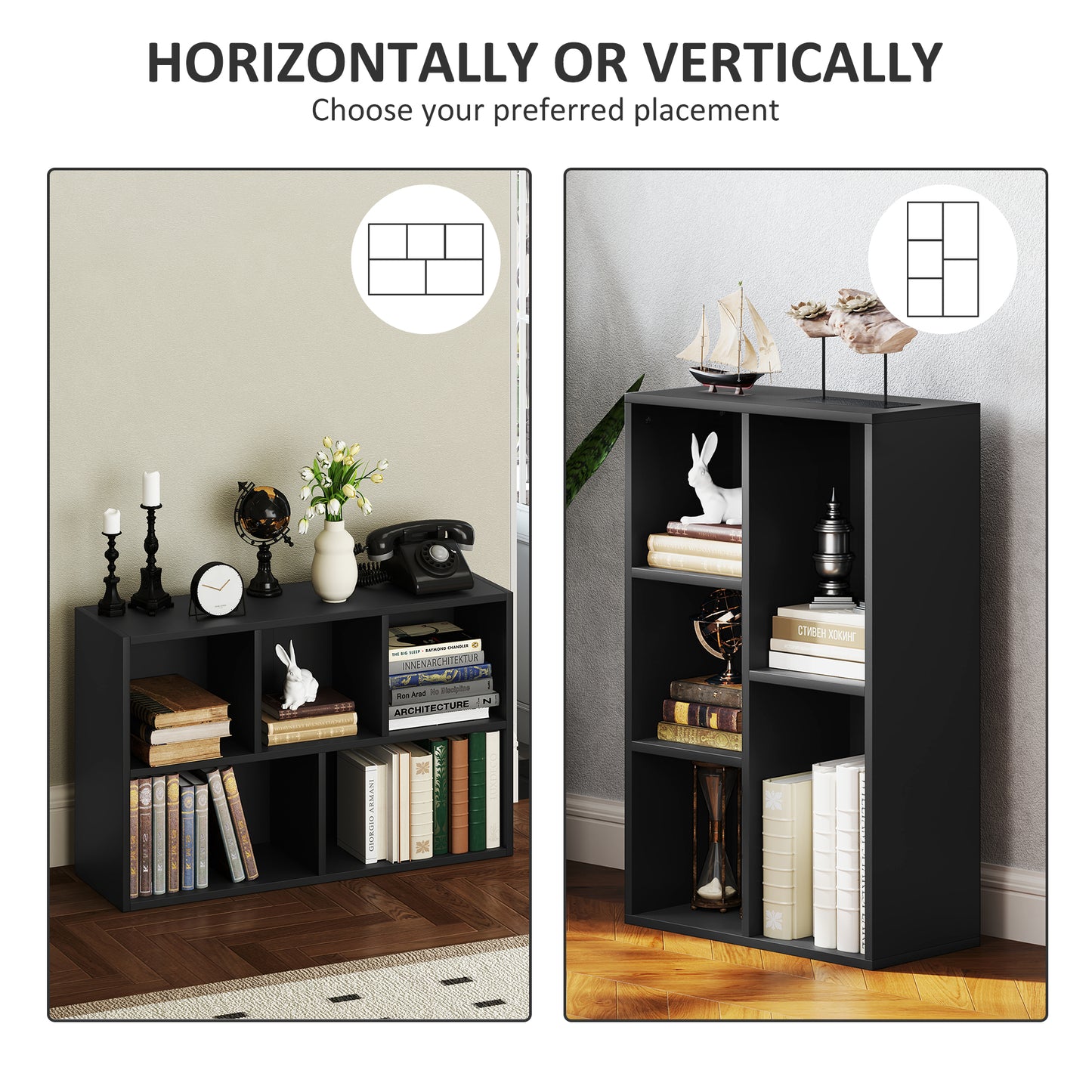2-Tier Bookshelf with 5 Open Storage Compartments, Black