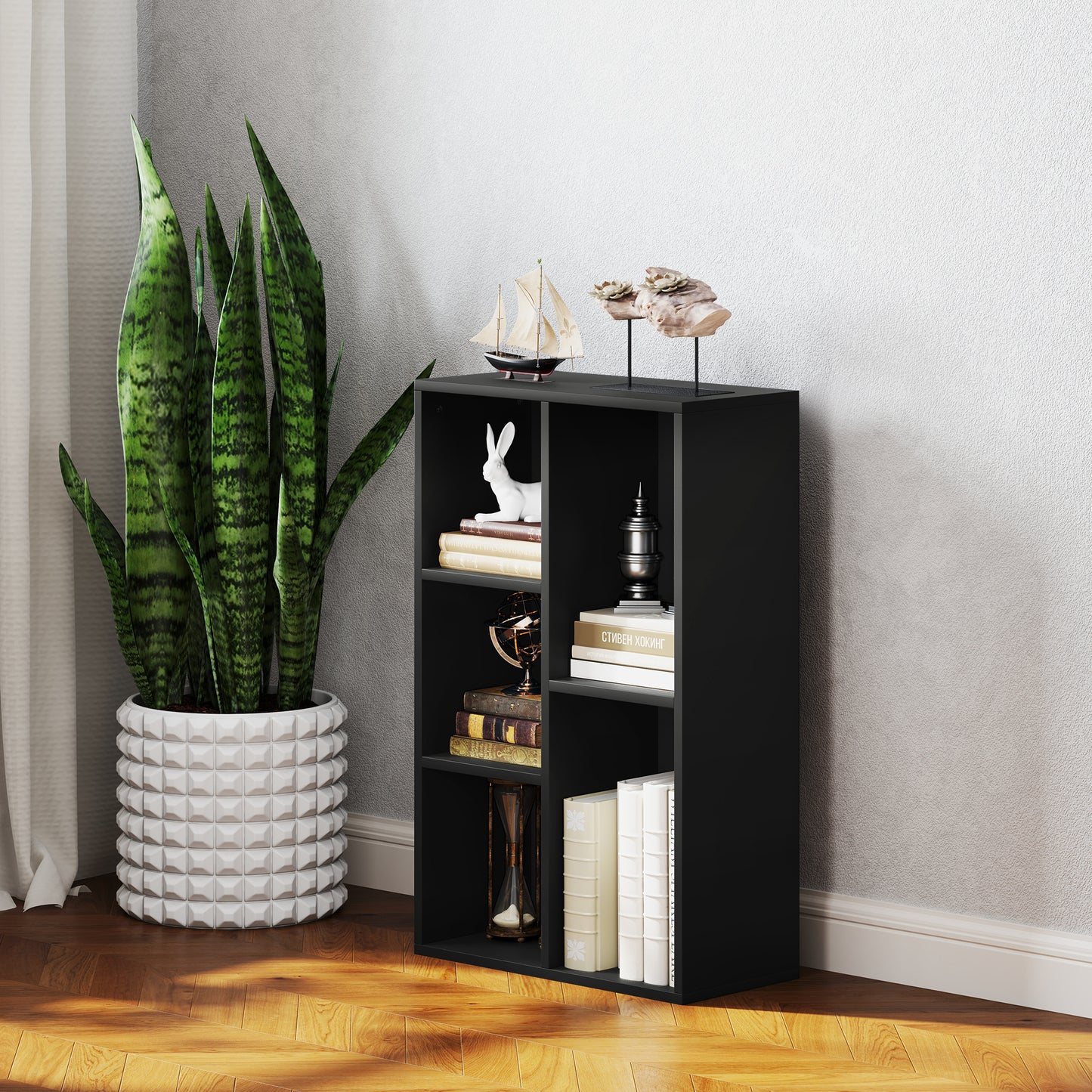 2-Tier Bookshelf with 5 Open Storage Compartments, Black