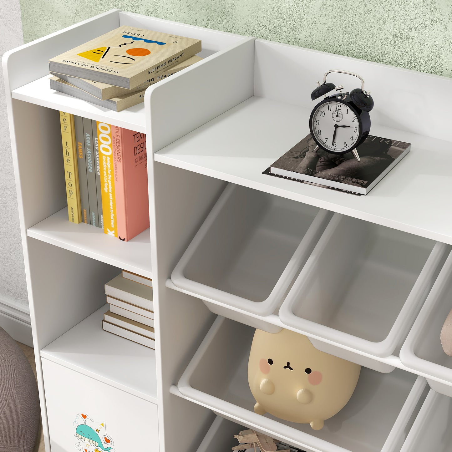 Kids Bookshelf and Toy Storage Organiser with 8 Removable Storage Bins, Toy Organisers with Bookshelf for Playroom, Nursery, Kids Room, White