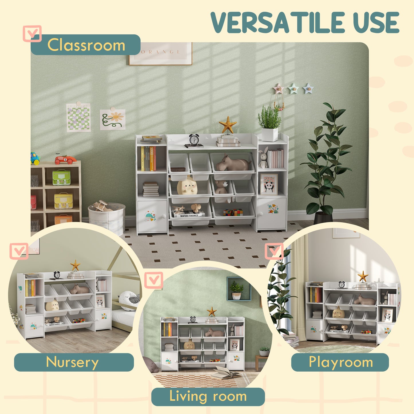 Kids Bookshelf and Toy Storage Organiser with 8 Removable Storage Bins, Toy Organisers with Bookshelf for Playroom, Nursery, Kids Room, White