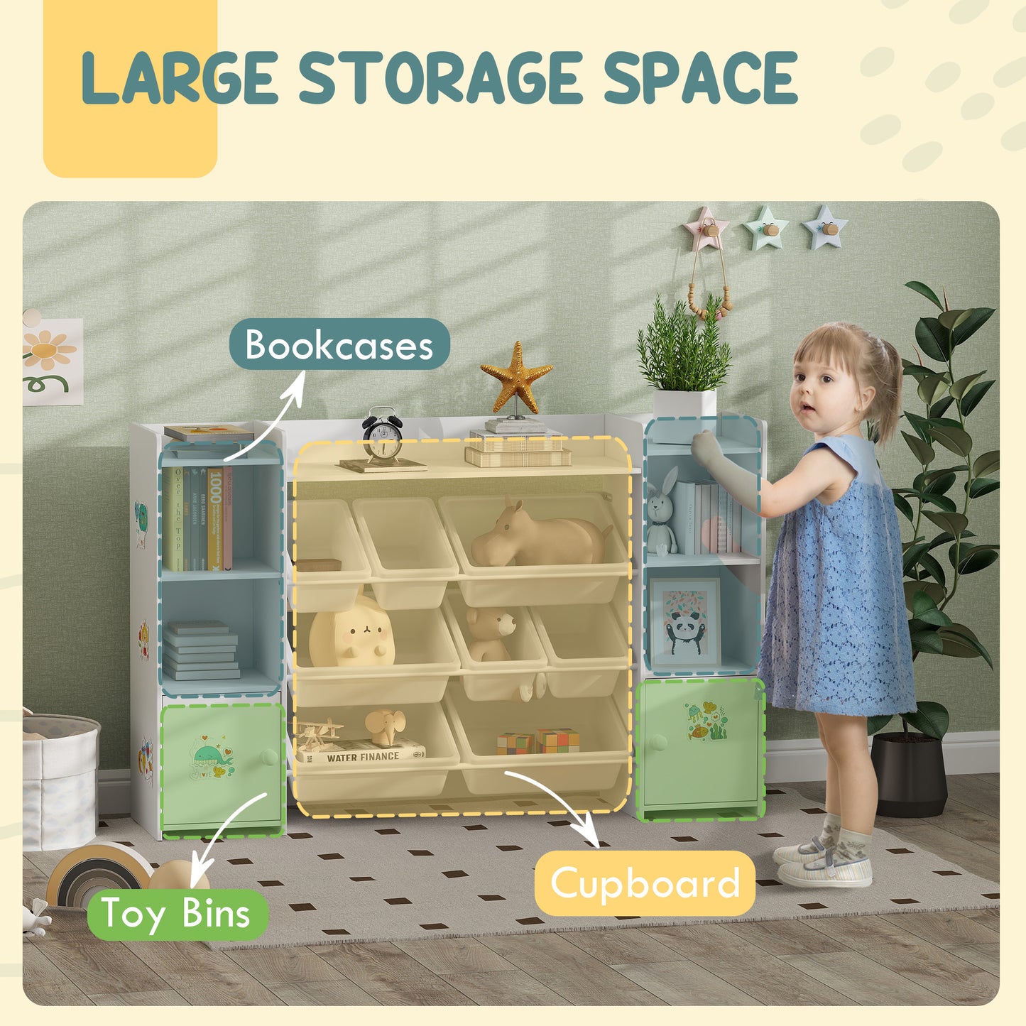 Kids Bookshelf and Toy Storage Organiser with 8 Removable Storage Bins, Toy Organisers with Bookshelf for Playroom, Nursery, Kids Room, White