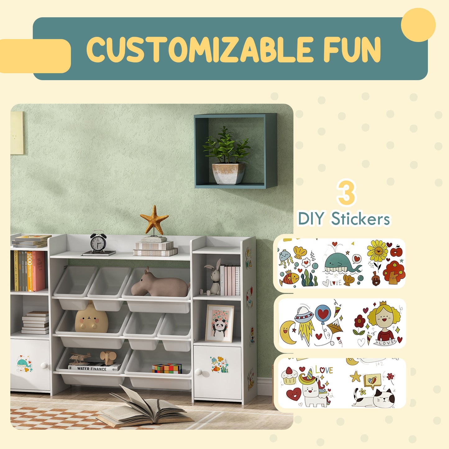Kids Bookshelf and Toy Storage Organiser with 8 Removable Storage Bins, Toy Organisers with Bookshelf for Playroom, Nursery, Kids Room, White
