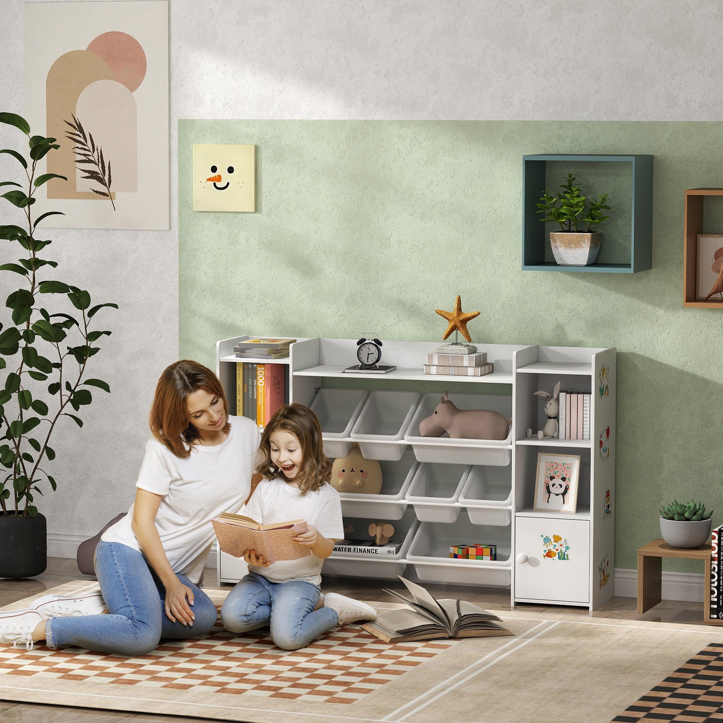 Kids Bookshelf and Toy Storage Organiser with 8 Removable Storage Bins, Toy Organisers with Bookshelf for Playroom, Nursery, Kids Room, White