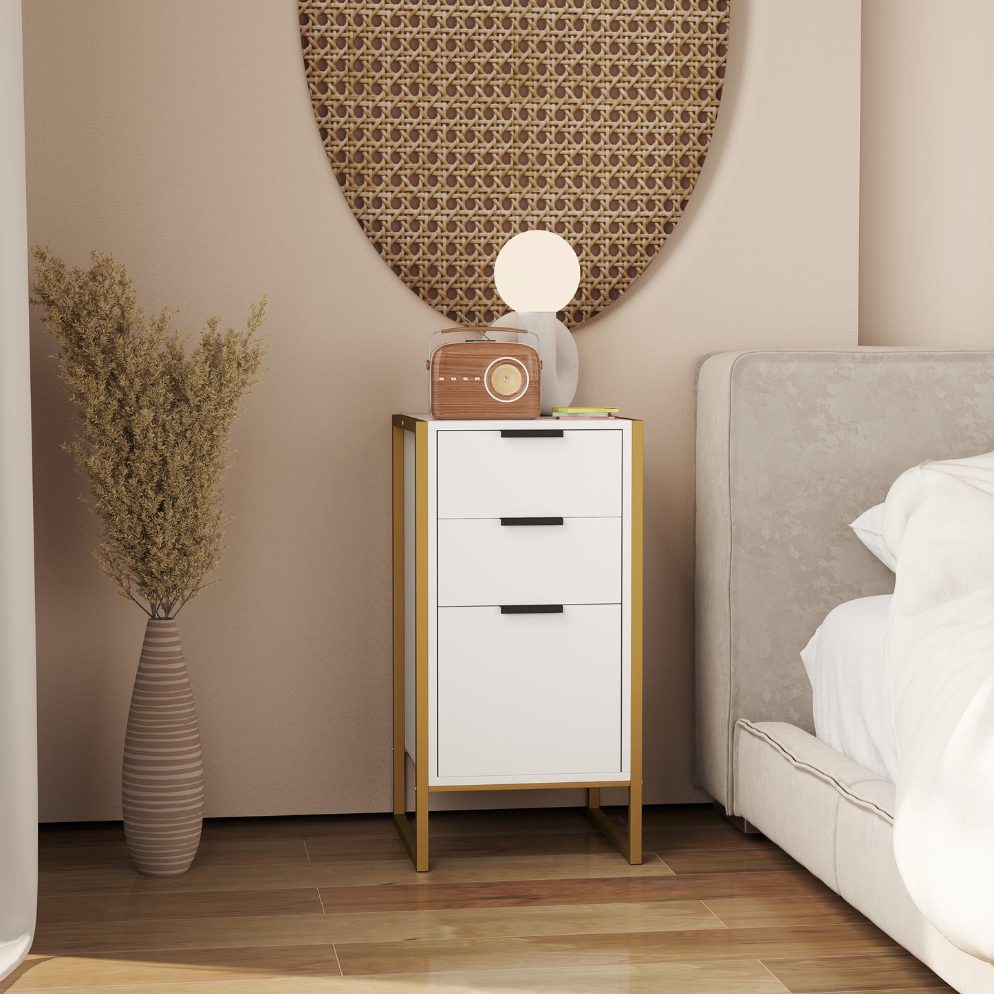 Industrial 3-Drawer Bedroom Chest of Drawers with Metal Frame, White