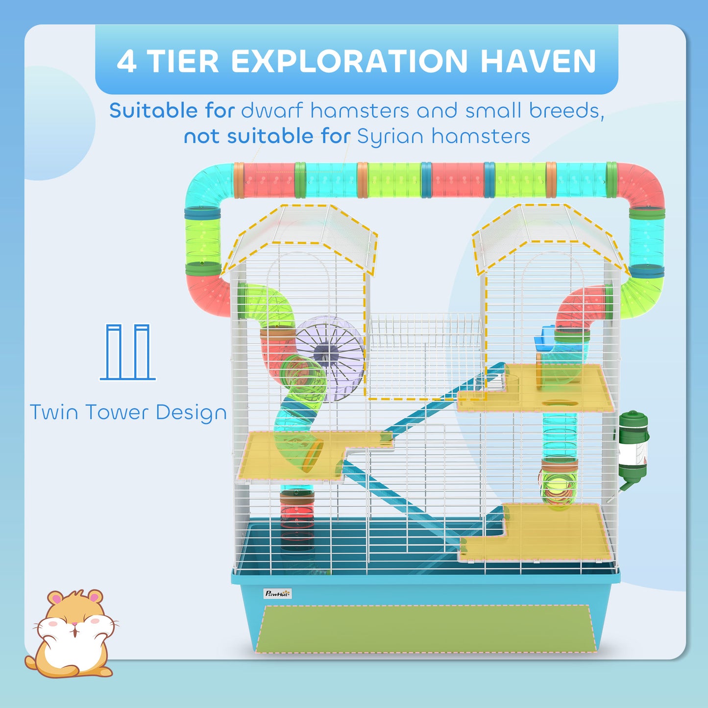 4 Tier Cage with Tubes, for Dwarf Hamster, Light Blue