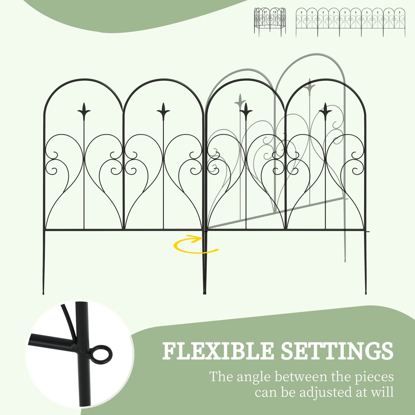 Metal Decorative Outdoor Picket Fence Panels Set of 5, Heart-shaped Scrollwork, Black