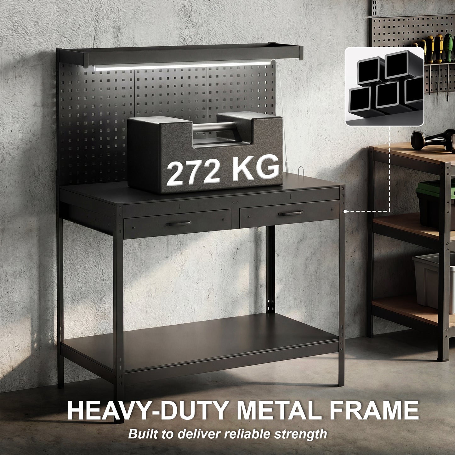 110 cm Workbench with Pegboard and LED Light, 272 kg Load Capacity
