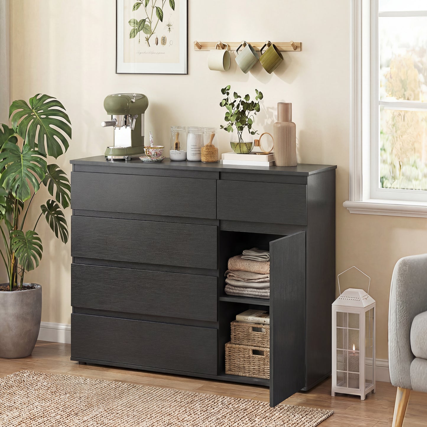Sideboard Storage Cabinet, Kitchen Cupboard with 5 Drawers, Black