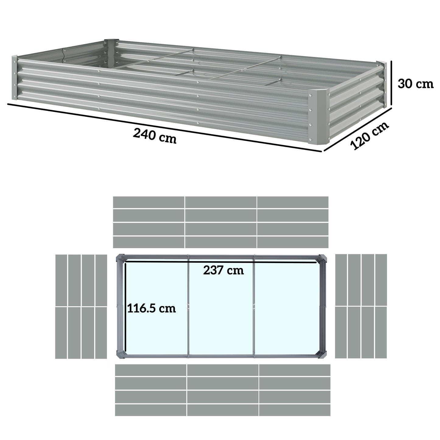 Galvanised Raised Garden Bed, 240 x 120 x 30cm Raised Bed with Reinforcing Bars, Outdoor Raised Planter with Open Bottom for Vegetables, Flowers, Herbs, Silver