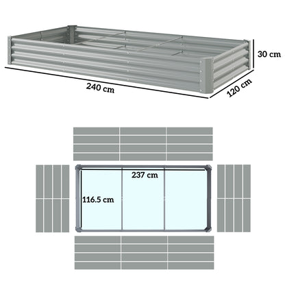 Galvanised Raised Garden Bed, 240 x 120 x 30cm Raised Bed with Reinforcing Bars, Outdoor Raised Planter with Open Bottom for Vegetables, Flowers, Herbs, Silver